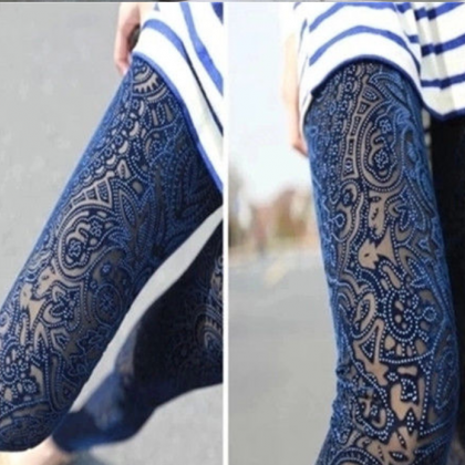 Canary Leggings Color Print Hollow Fake Flesh Lace..