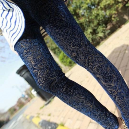Canary Leggings Color Print Hollow Fake Flesh Lace..