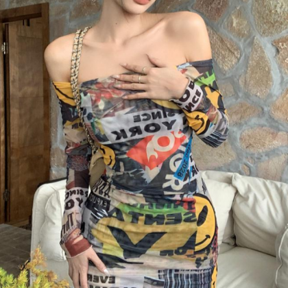 Personality Printed Mesh Dress Female Summer Spice..
