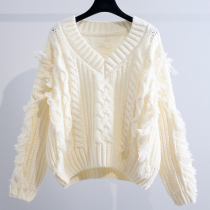 Loose V-neck Twist Sweater For Women With Fringe..