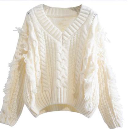 Loose V-neck Twist Sweater For Women With Fringe..