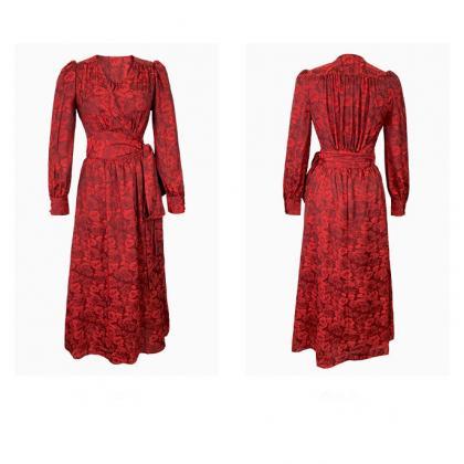 Vintage Print V-neck Waist Tie Up Red Long Skirt..