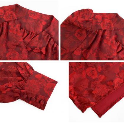 Vintage Print V-neck Waist Tie Up Red Long Skirt..