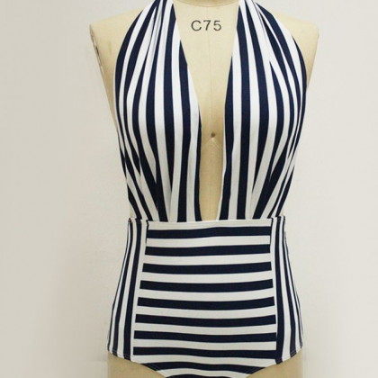 Deep V Stripe One Piece Swimwear Bathsuit Bikinis