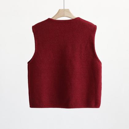 Round Neck Gold Bean Button Knitted Vest Thickened..