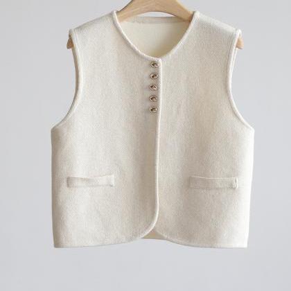 Round Neck Gold Bean Button Knitted Vest Thickened..