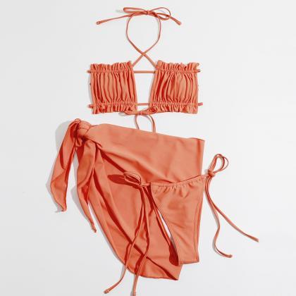 Swimsuit Three-piece Pleated Swimsuit Tethered..