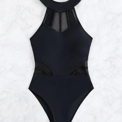 Sexy Halter Bodysuit Solid Color Mesh Bikini
