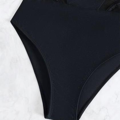 Sexy Halter Bodysuit Solid Color Mesh Bikini