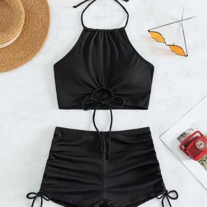 Solid Color Strap Strap Two-piece Swimsuit..