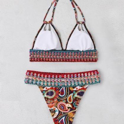 Printed Lace-up High-waisted Beach Bikini..