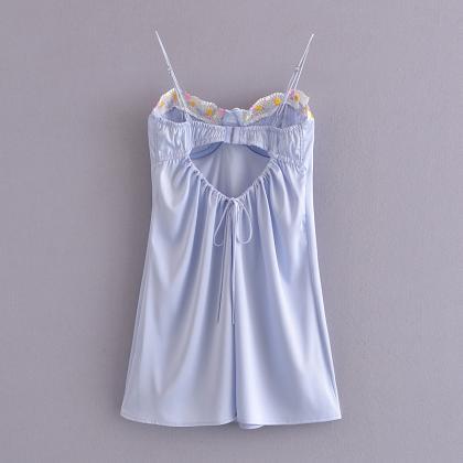 Blue Floral Embroidery Pleated Satin Sexy Halter..