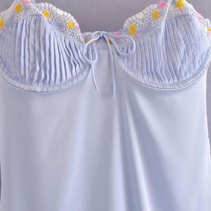 Blue Floral Embroidery Pleated Satin Sexy Halter..