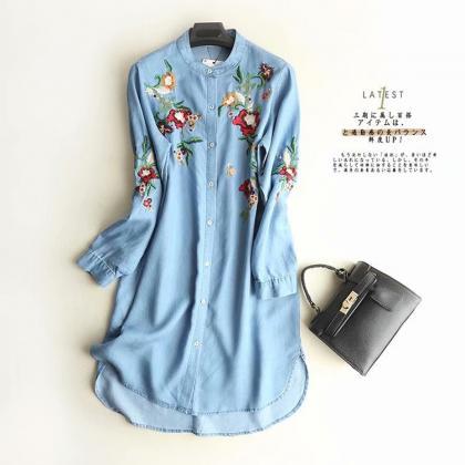 Spring Stand-up Collar Colorful Floral Embroidery..