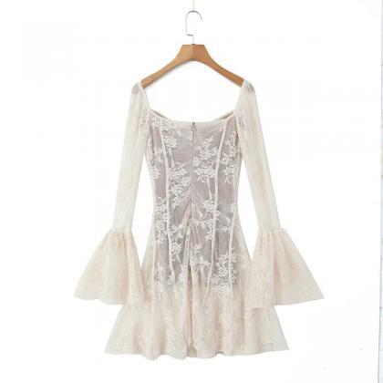 Lace Square Collar Long Sleeve Dress Sexy Slim..
