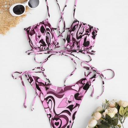 Purple Love Print Two-piece Swimsuit..