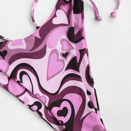 Purple Love Print Two-piece Swimsuit..