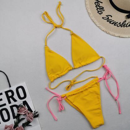 Yellow Fresh Lace-up Two-fabric Swimsuit For Women..