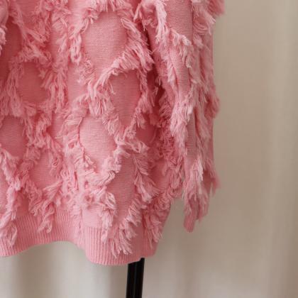 Textured Fringe Detail Knit Sweater In Pink And..