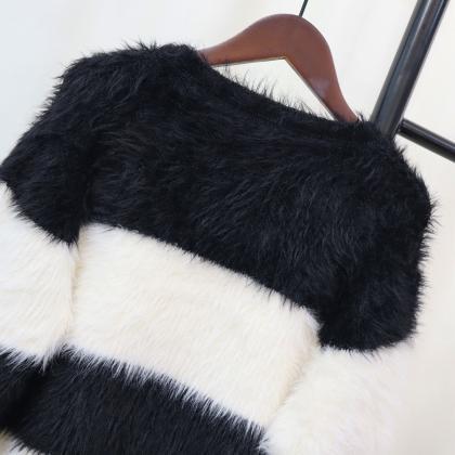 Contemporary Striped Faux Fur Cardigan