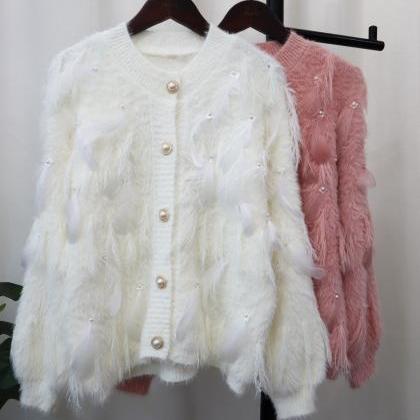 Enchanted Feather Cardigan, Luxe Pearl Buttoned..