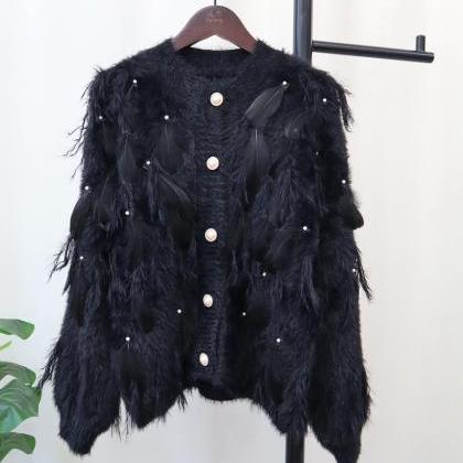 Enchanted Feather Cardigan, Luxe Pearl Buttoned..