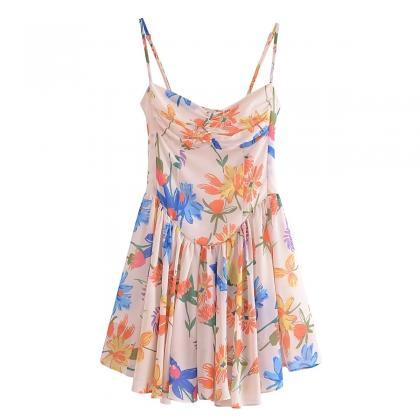 Summer French Romantic Print Halter Waist Dress