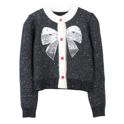 Fall And Winter Sequin Bow Round Neck Long Sleeve..