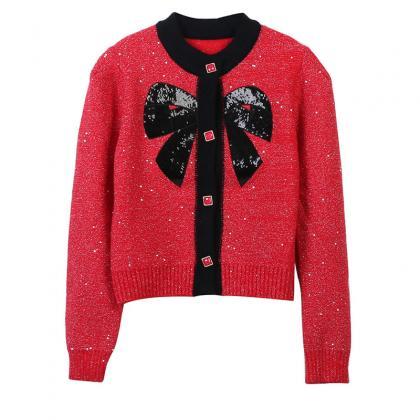 Fall And Winter Sequin Bow Round Neck Long Sleeve..