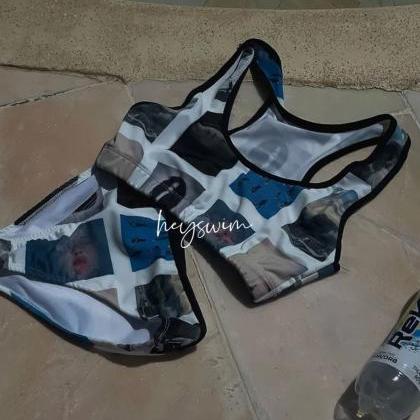 Geometric Plaid Color Patchwork Swimsuit Women..