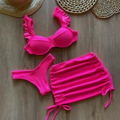 Solid Color Threaded Three-piece Bikini Set..