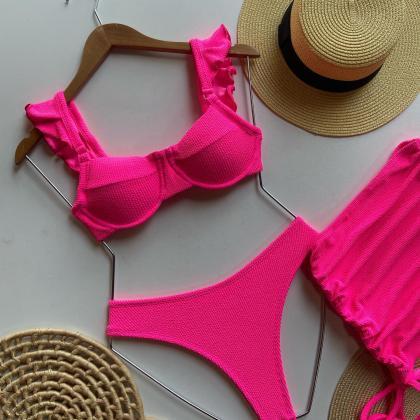 Solid Color Threaded Three-piece Bikini Set..