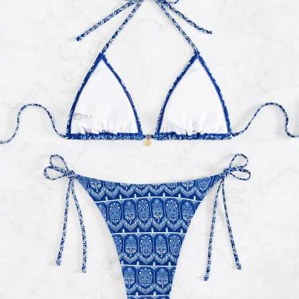 Printed Lace Up Sexy Blue Totem Geometry Bikini..