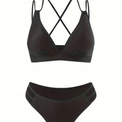 Black Hollow Out Two Pieces Swimwear Bathsuit..