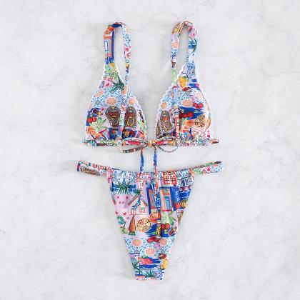2024 Split Print Lace Bikini Two Pieces Swimwear..