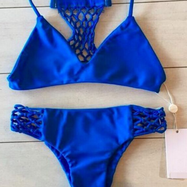 Blue Net Hollow Out Bikinis Two Piece Suit