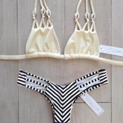 Cute Shell Net Stripe Hollow Out Two Piece Bikini