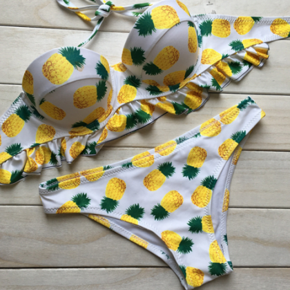 Pineapple Print White Two-piece Bikini Featuring..