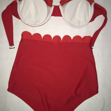 Red Scalloped High Wasit Two Piece Cute Bikinis