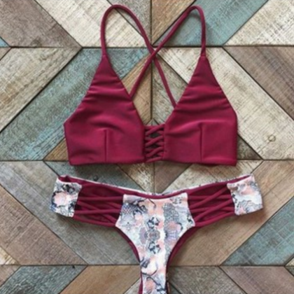 Cute Hollow Out Wine Red Two Piece Bikini