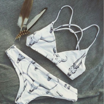 Cute Print White Grey Two Piece Bikini