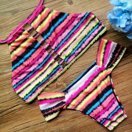 Fashion Colorful Bellyband Rainbow Print Two Piece..