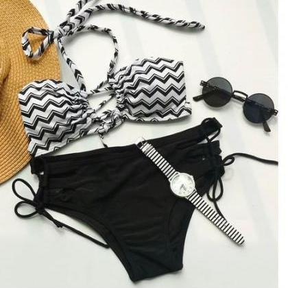 Print Grey Black Two Piece Bikinis Swimwear..
