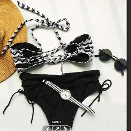 Print Grey Black Two Piece Bikinis Swimwear..