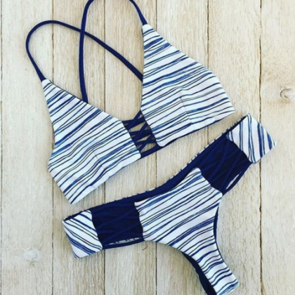 Blue Stripe Hollow Two Piece Bikinis Swimwear