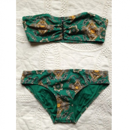 Dark Green Print Zipper Two Piece Bikinis