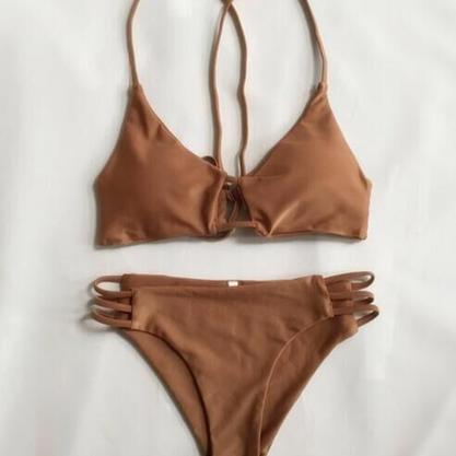 Cute Brown Tan Holes Two Piece Bikini