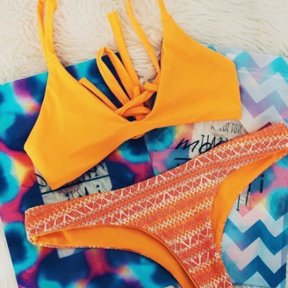 Fashion Two Piece Two Ways Wear Orange V Swimwear..