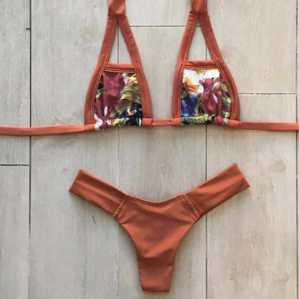 Khaki Flower Straps Holes Two Piece Bikini