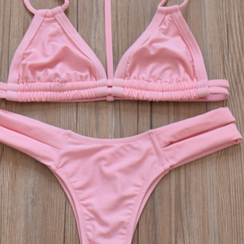 Pink Two Piece Pure Color Bikinis Swimwear..